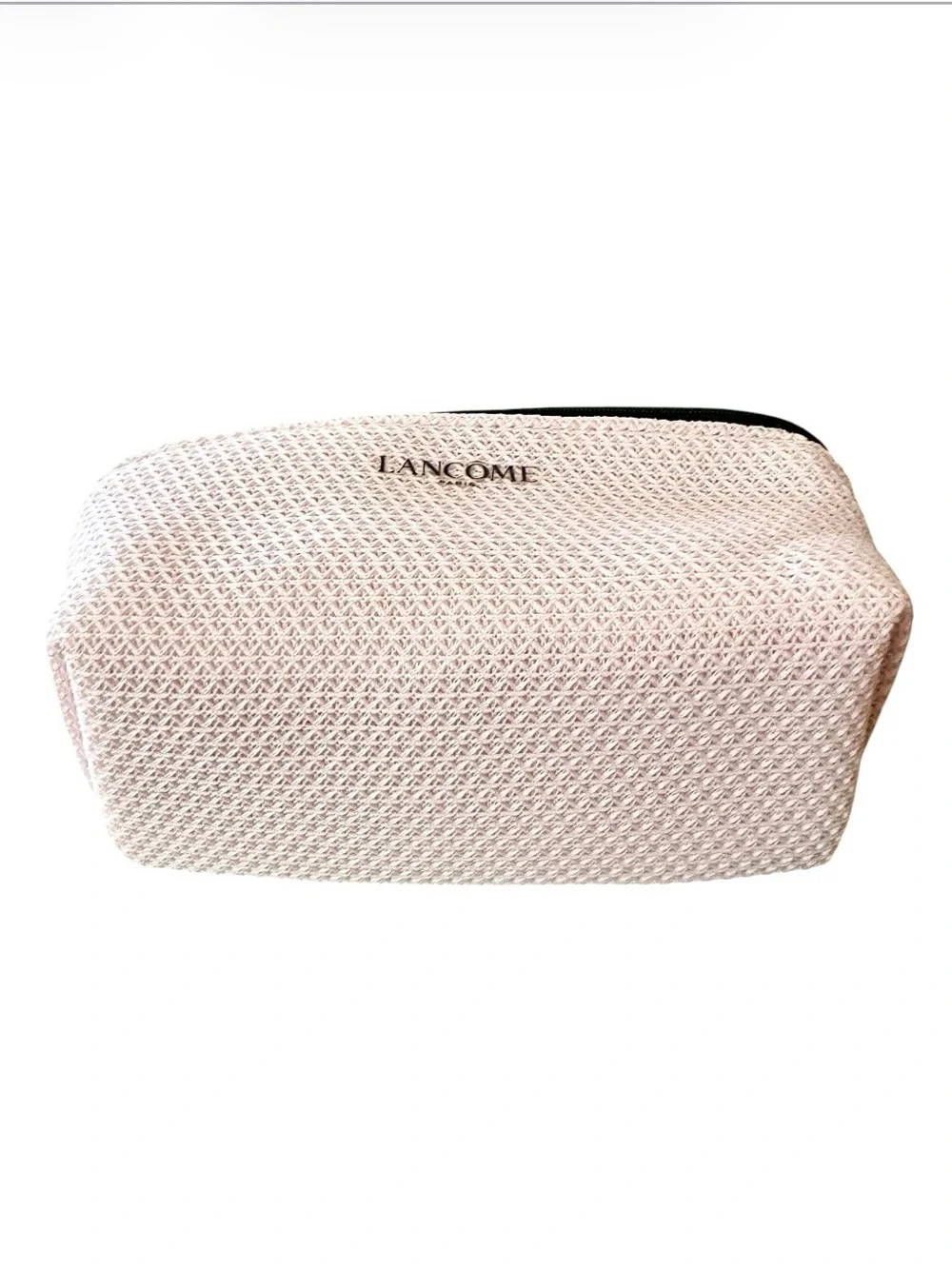 Lancôme Pink Woven Cosmetic Pouch With Black Trim. NEW